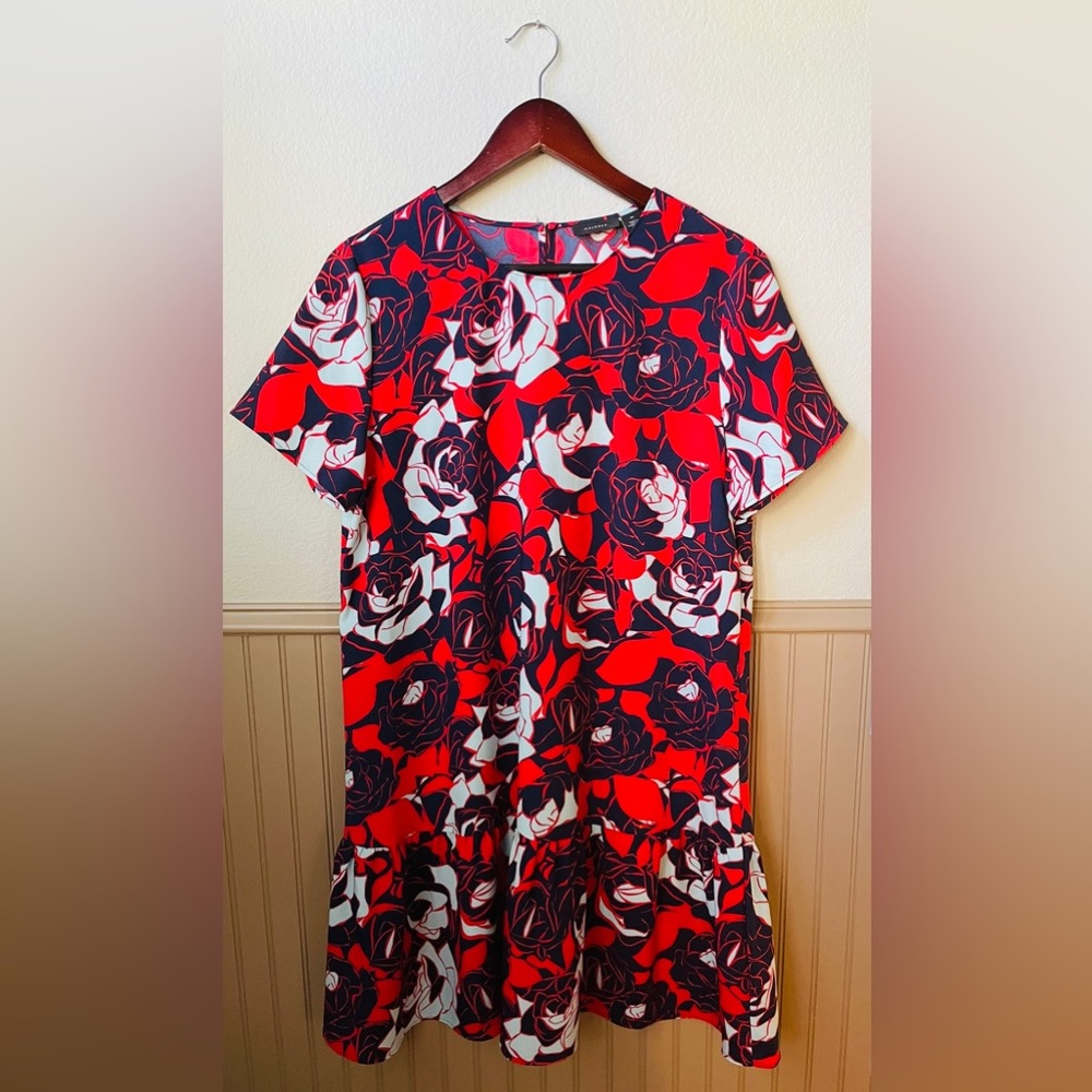 Halogen Red & Blue Bold Floral Dress (M) Nordstrom Drop Waist